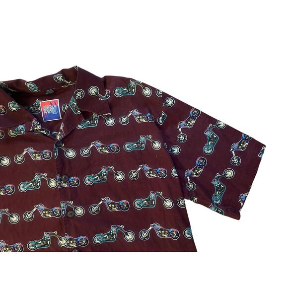Vintage Men 2X Dem Cracy Red Motorcycle Harley Bike Print Button-Down Shirt Top - Picture 2 of 5